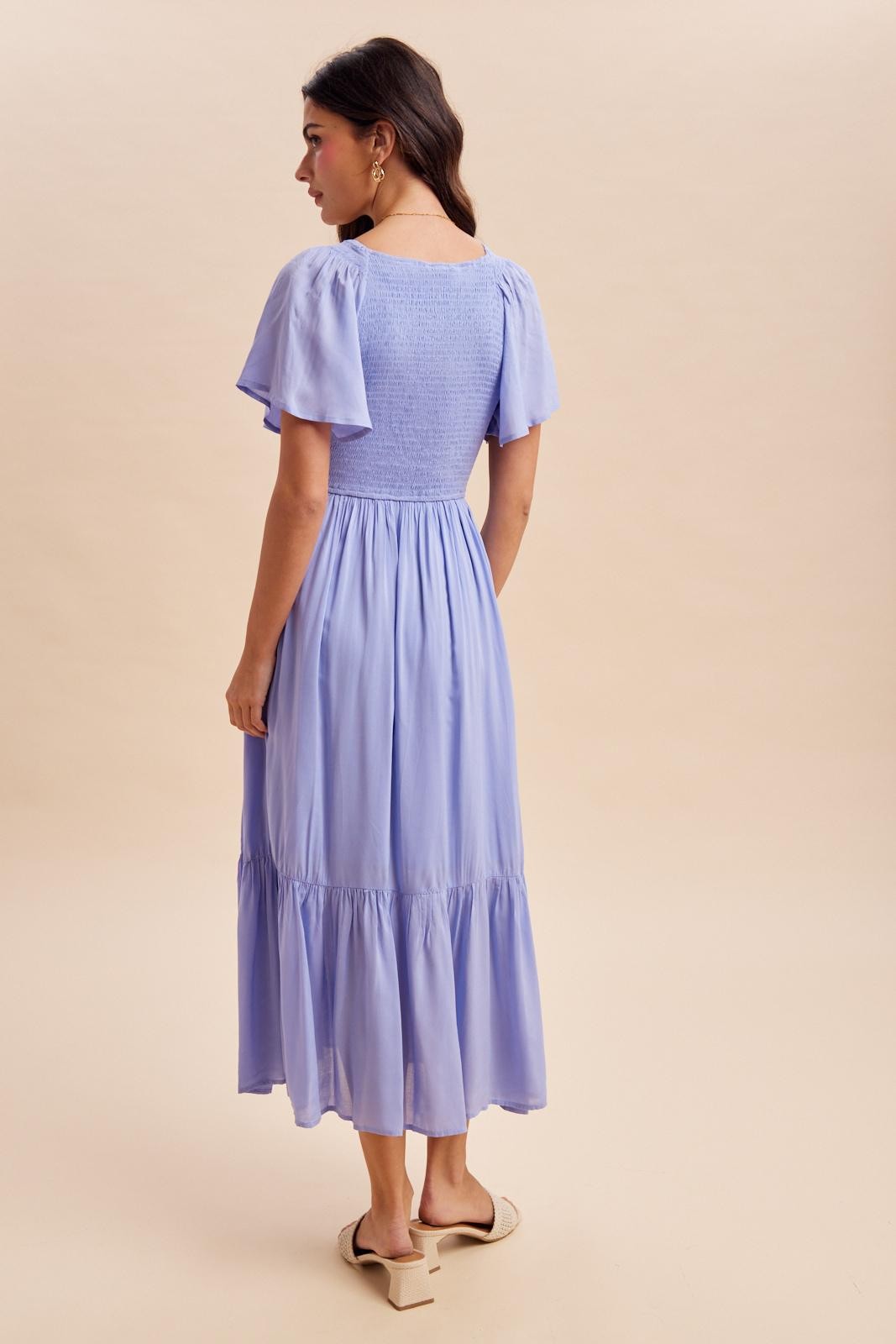 Blue Smocked Midi Dress
