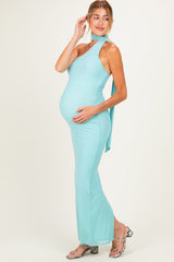 Mint Green Mesh Overlay Halter Maternity Maxi Dress