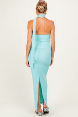 Mint Green Mesh Overlay Halter Maternity Maxi Dress