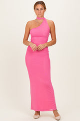 woman wearing a bright pink one-shoulder maxi dress with a fitted silhouette and a choker detail