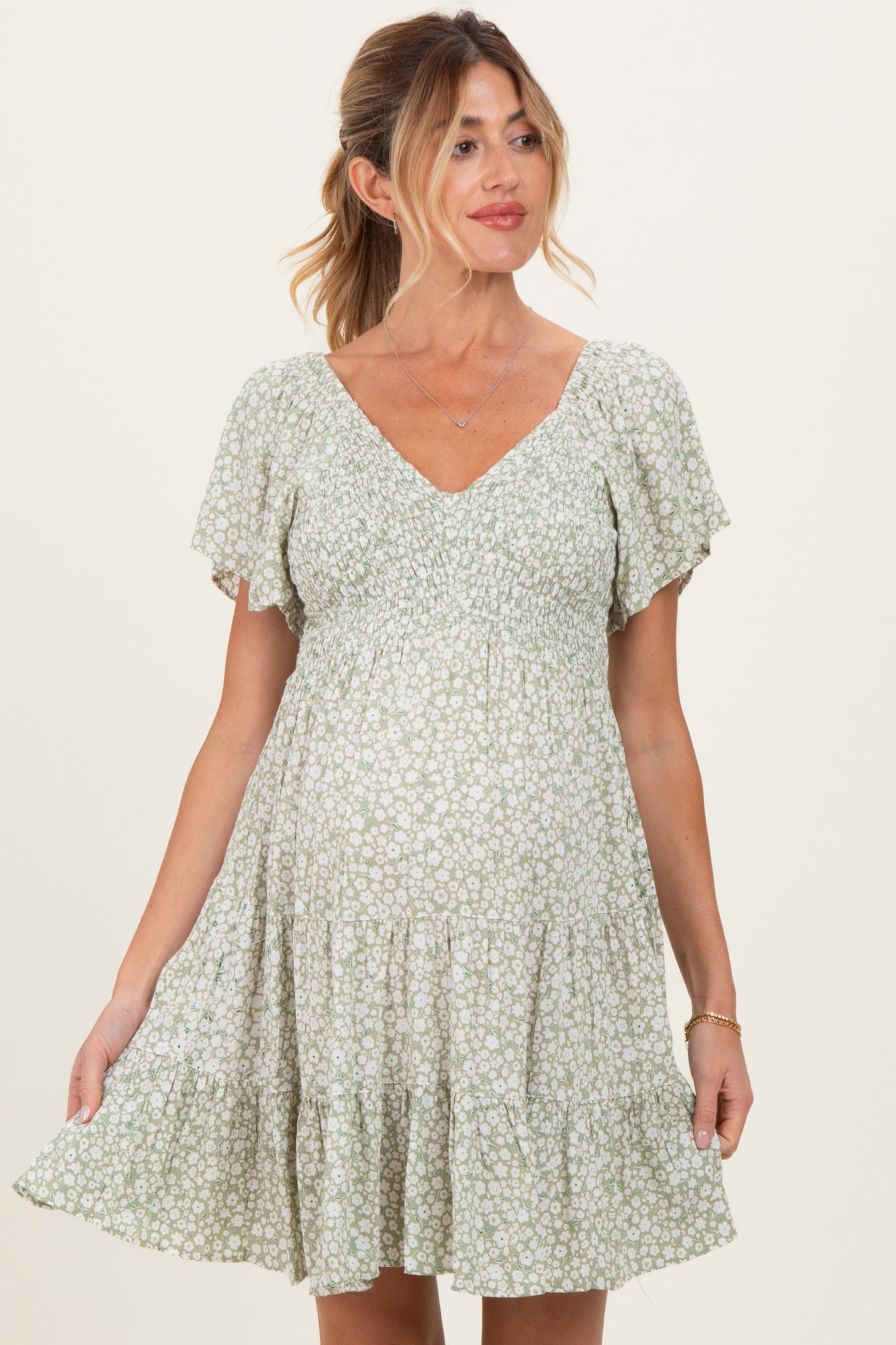 Sage V Neck Smocked Bodice Ditsy Print Maternity Dress
