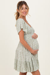 Sage V Neck Smocked Bodice Ditsy Print Maternity Dress