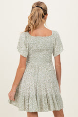 Sage V Neck Smocked Bodice Ditsy Print Maternity Dress