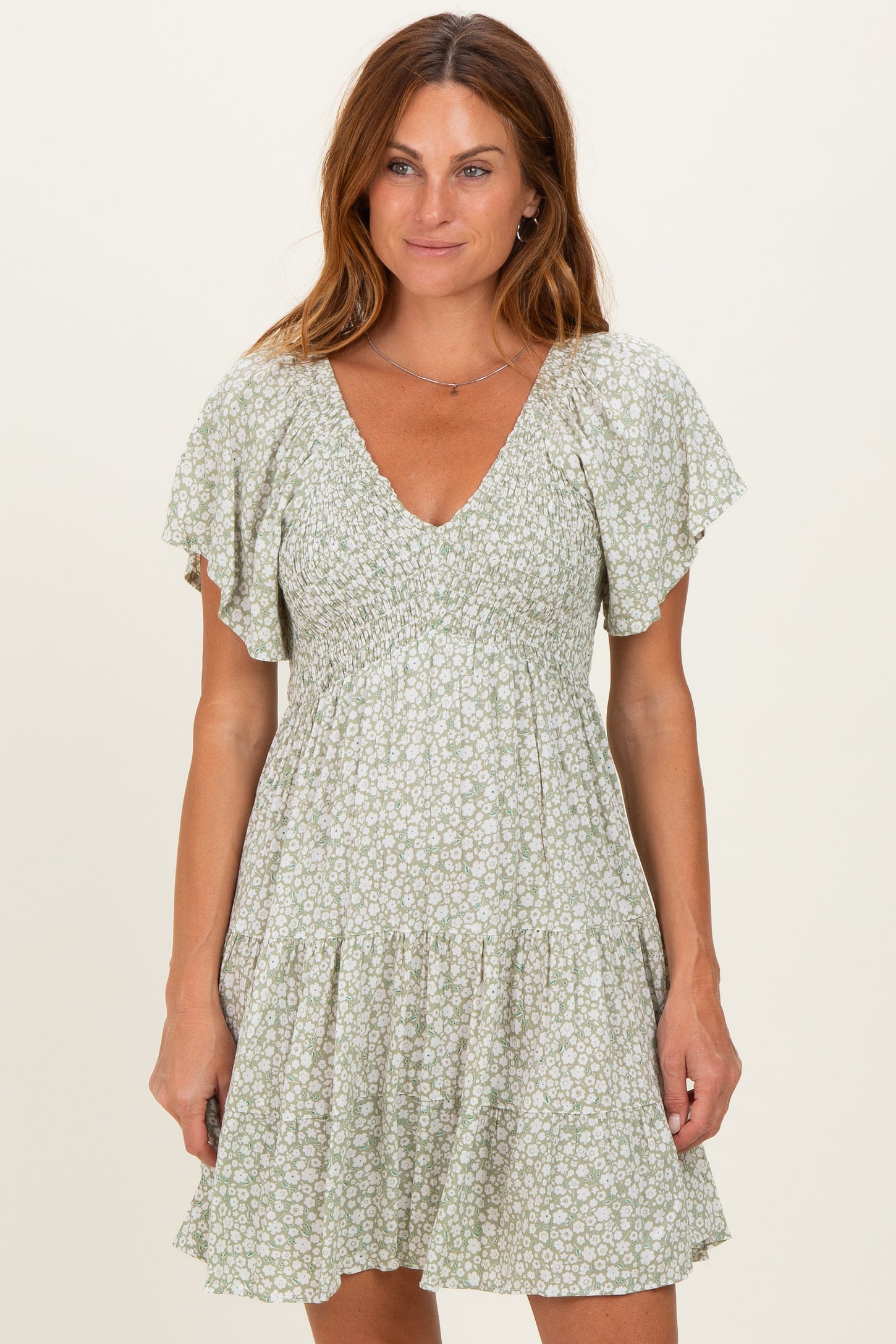 Sage V Neck Smocked Bodice Ditsy Print Maternity Dress