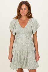 Sage V Neck Smocked Bodice Ditsy Print Maternity Dress
