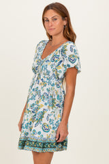 Ivory V Neck Smocked Bodice Short Sleeve Dress