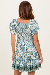 Ivory V Neck Smocked Bodice Short Sleeve Dress