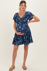 Blue Eyelet Embroidered Printed V Neck Maternity Dress