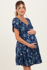 Blue Eyelet Embroidered Printed V Neck Maternity Dress