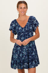 Blue Eyelet Embroidered Printed V Neck Dress