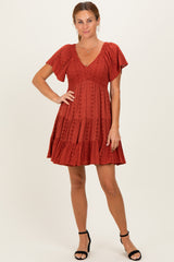 Rust Eyelet Embroidered V Neck Smocked Bodice Dress