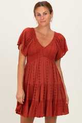 Rust Eyelet Embroidered V Neck Smocked Bodice Dress