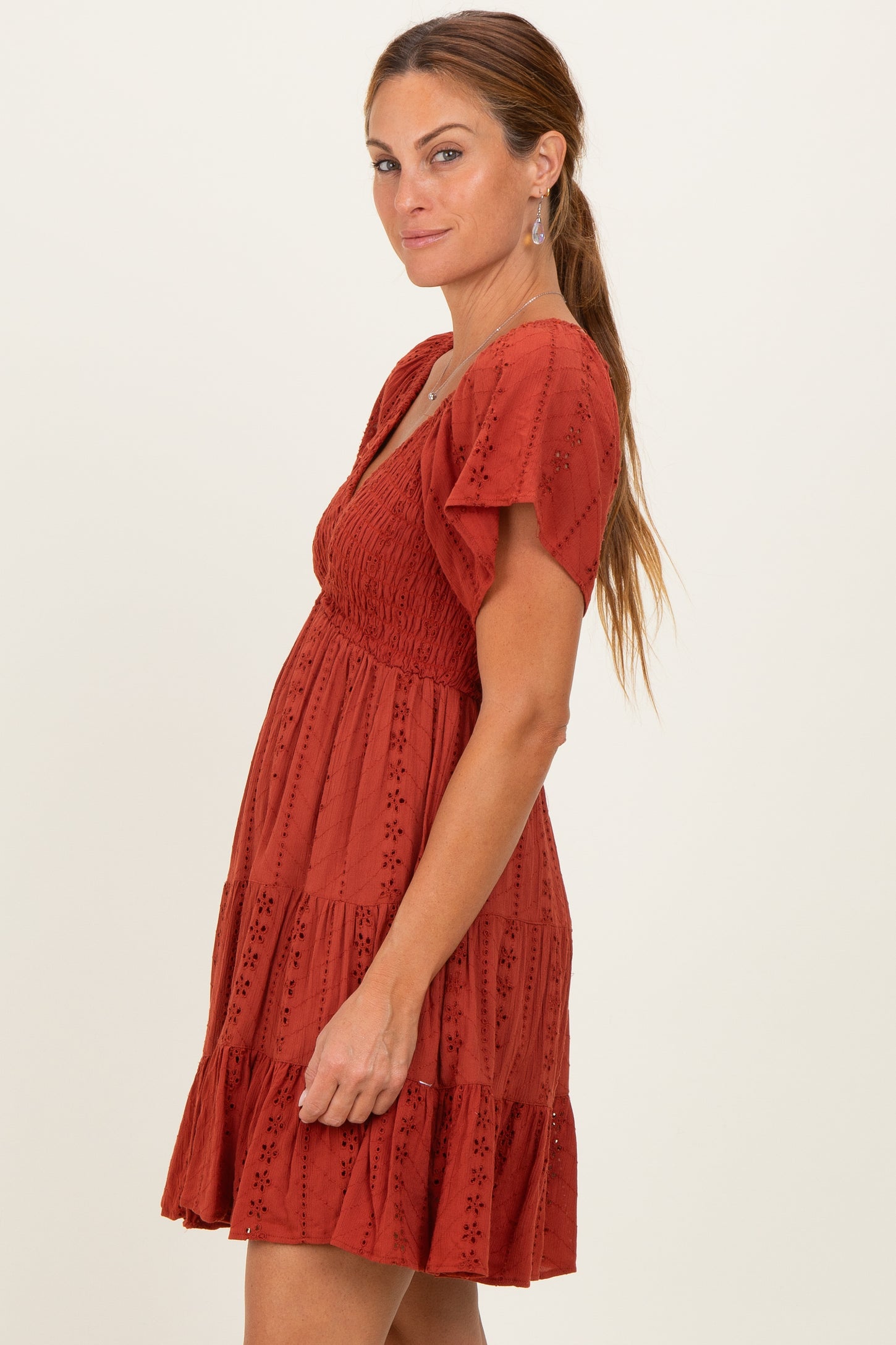 Rust Eyelet Embroidered V Neck Smocked Bodice Dress