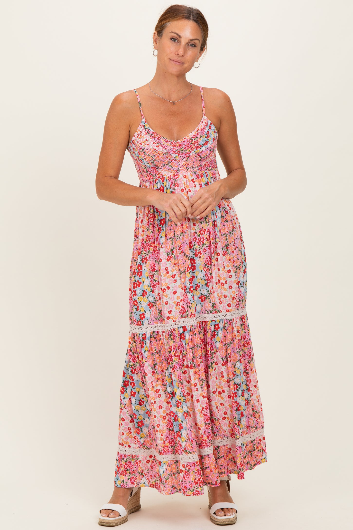 Pink Smocked Bust V Neck Lace Trim Maxi Dress