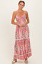 Pink Smocked Bust V Neck Lace Trim Maxi Dress