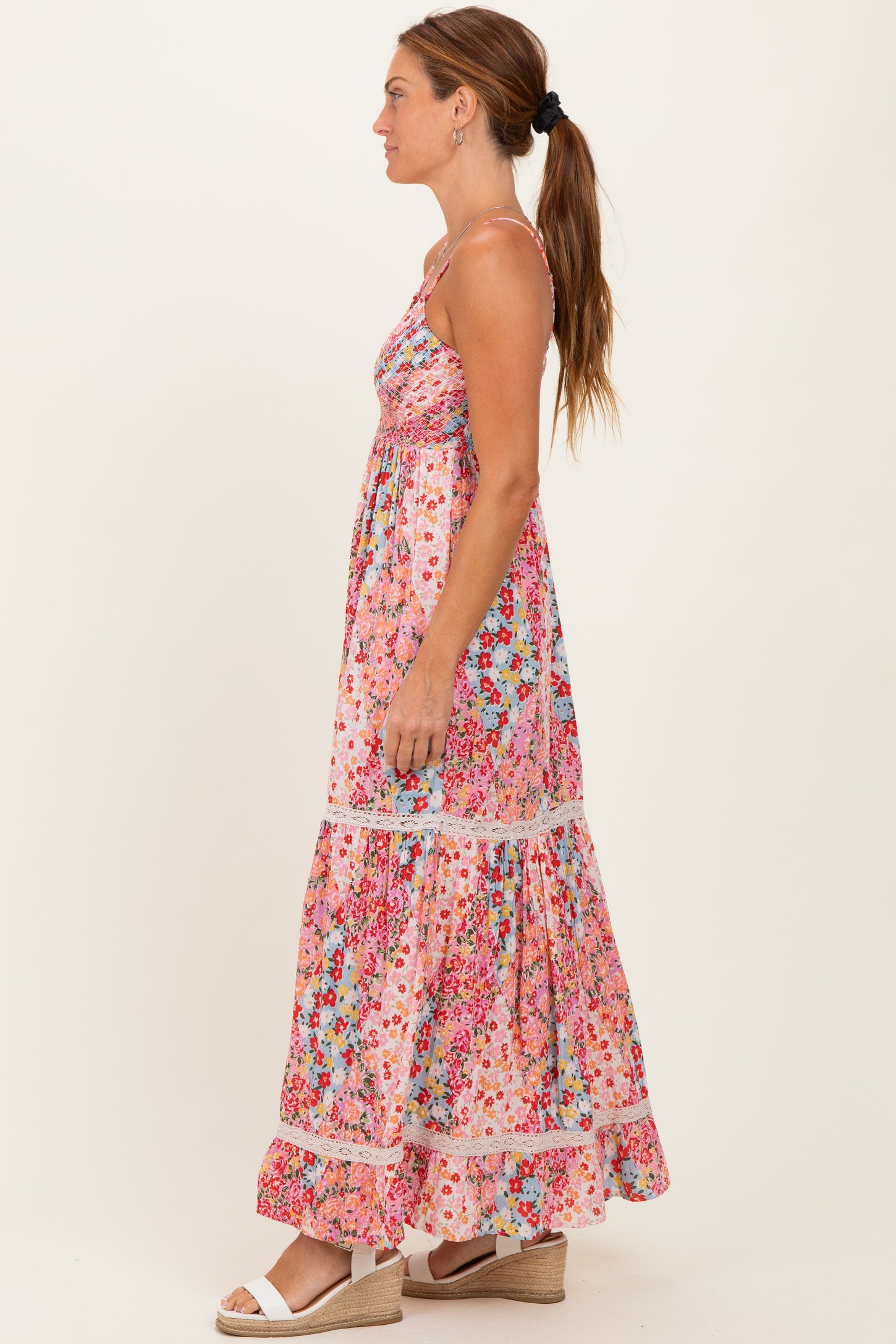 Pink Smocked Bust V Neck Lace Trim Maxi Dress