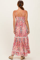 Pink Smocked Bust V Neck Lace Trim Maxi Dress