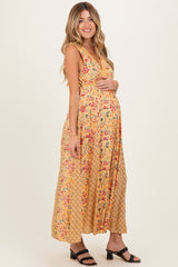 Yellow V Neck Lace Trim Twin Print Maternity  Maxi Tank Dress