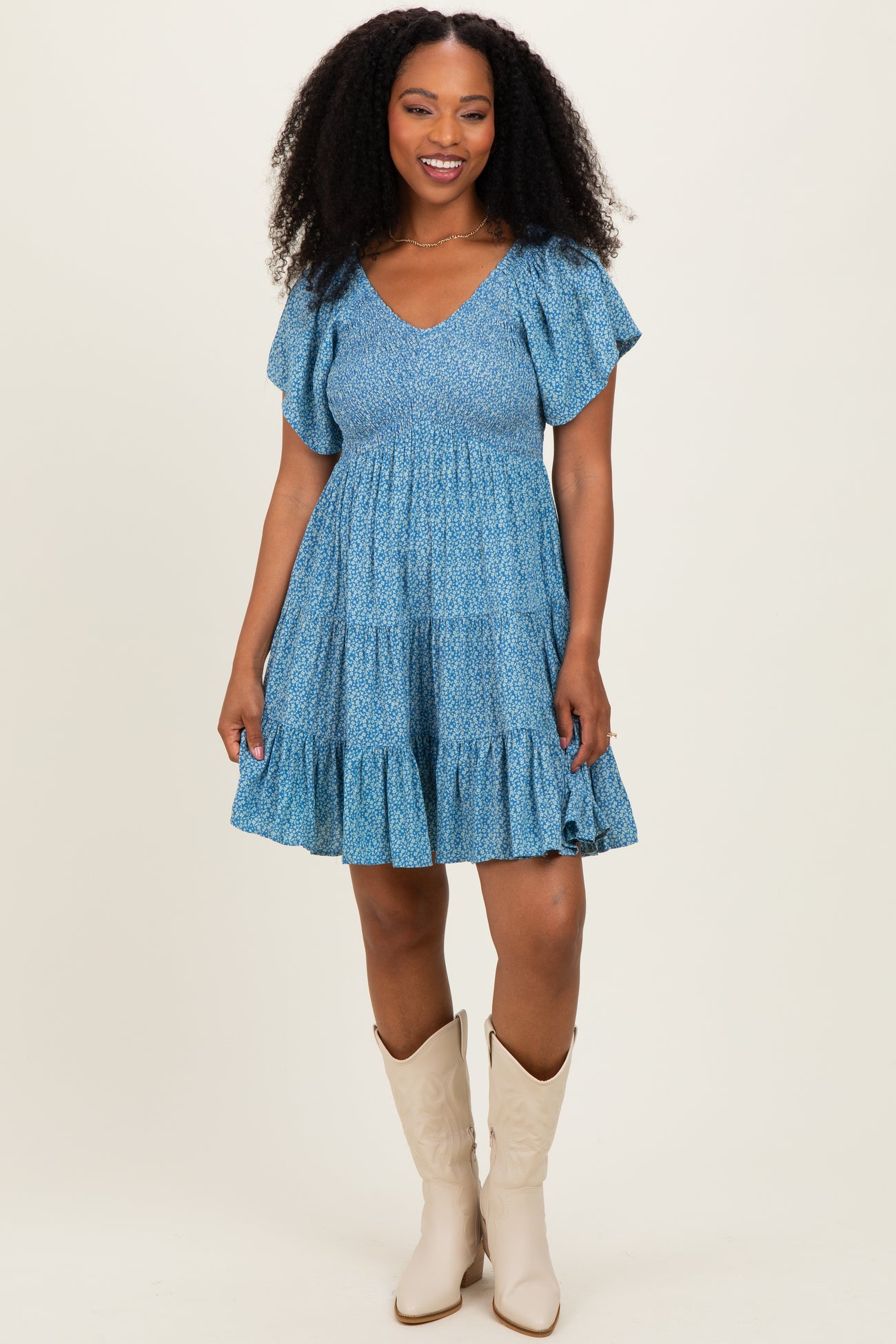 Blue V Neck Smocked Bust Short Sleeve Short Maternity  Dress