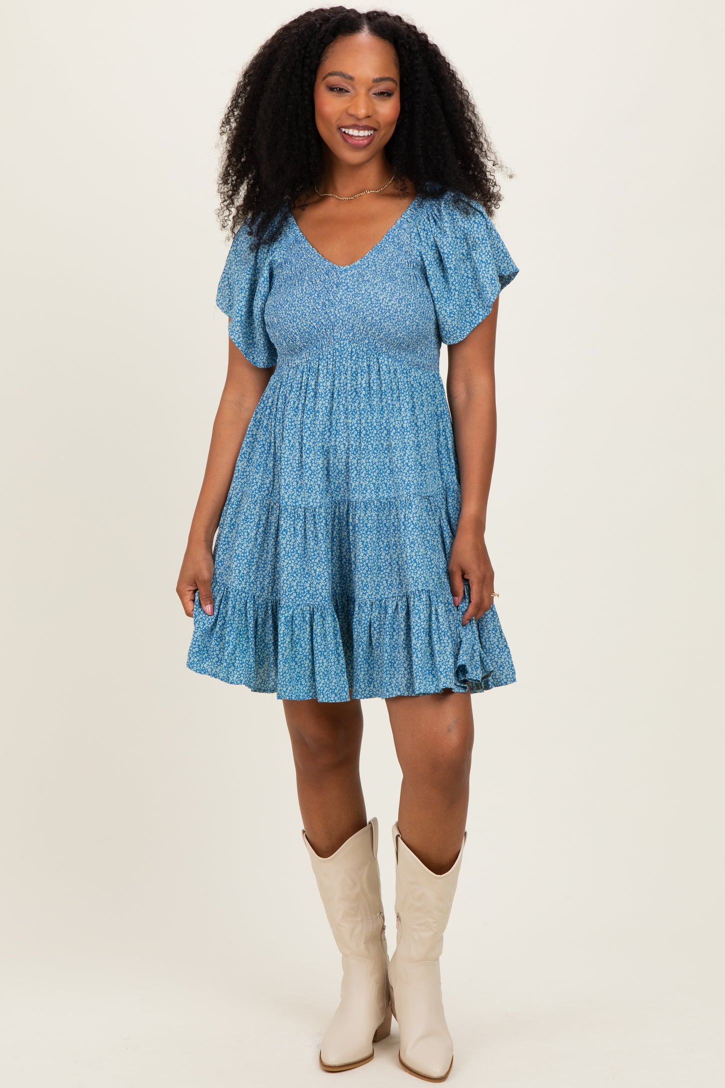 Blue V Neck Smocked Bust Short Sleeve Short Maternity  Dress