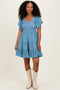 Blue V Neck Smocked Bust Short Sleeve Short Dress