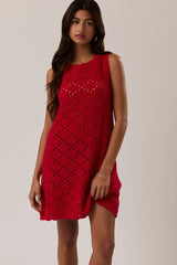 Red Boat Neck Sleeveless Crochet Maternity Dress