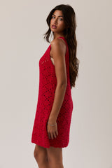 Red Boat Neck Sleeveless Crochet Dress
