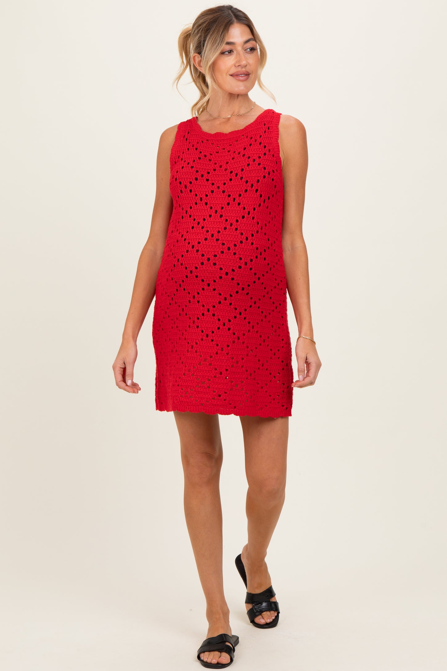 Red Boat Neck Sleeveless Crochet Maternity Dress