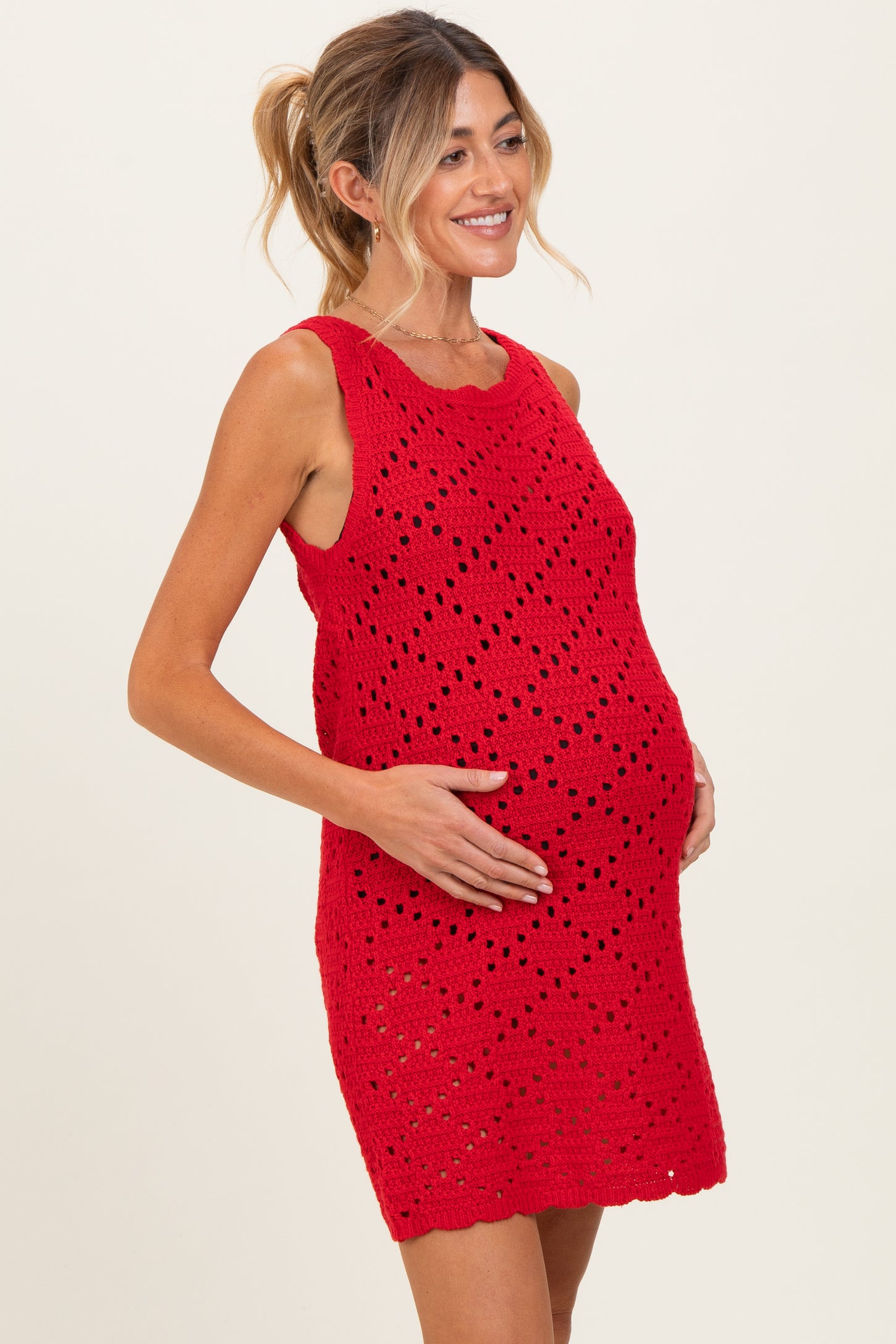 Red Boat Neck Sleeveless Crochet Maternity Dress