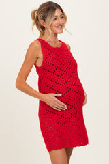 Red Boat Neck Sleeveless Crochet Maternity Dress