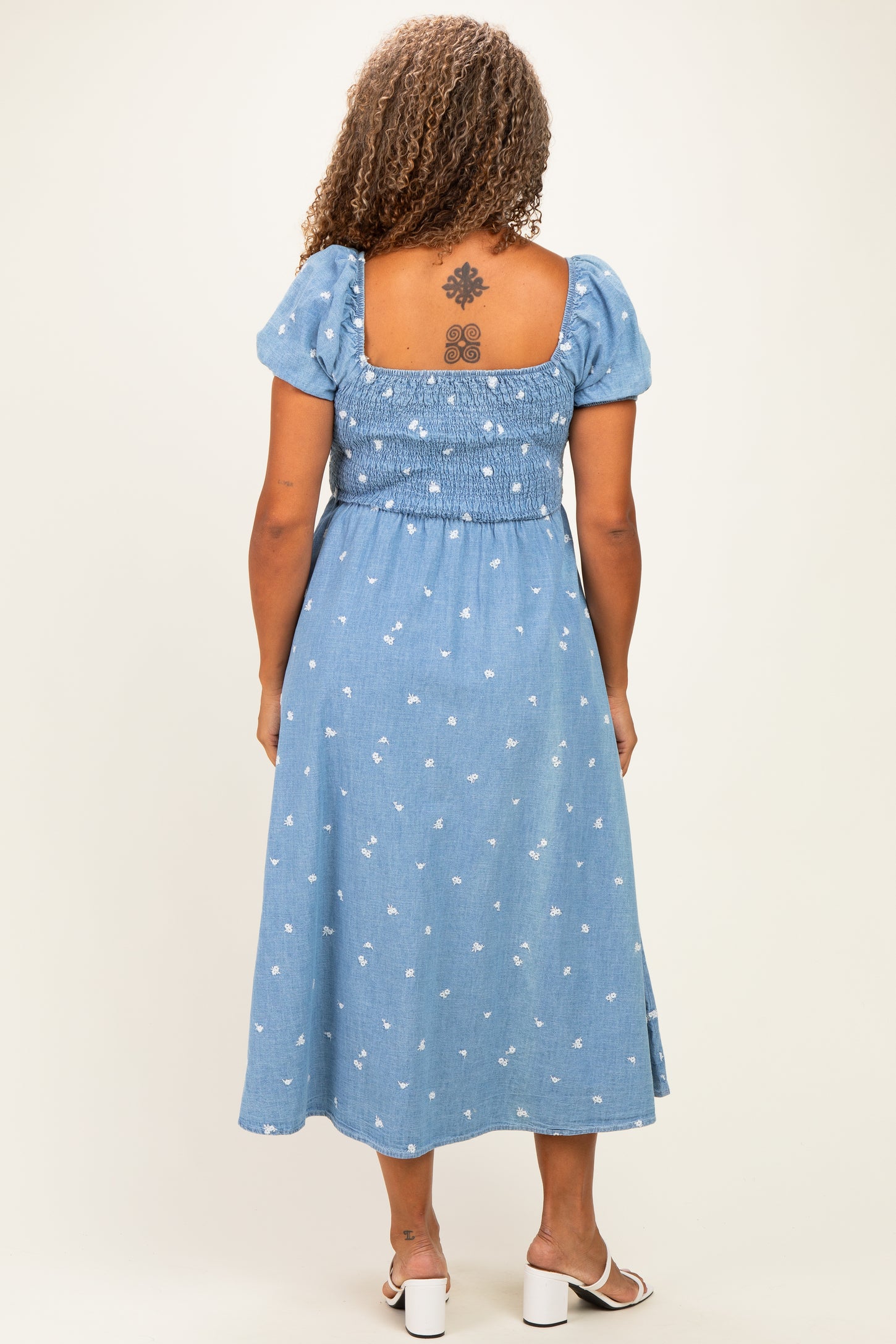 Light Blue Chambray Plus Floral Embroidery Smocked Midi Dress