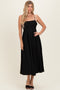 Black Linen Sleeveless Tie Back Flared Midi Dress