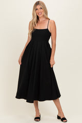 Black Linen Sleeveless Tie Back Flared Midi Dress