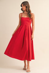 Red Linen Sleeveless Tie Back Flared Maternity Midi Dress