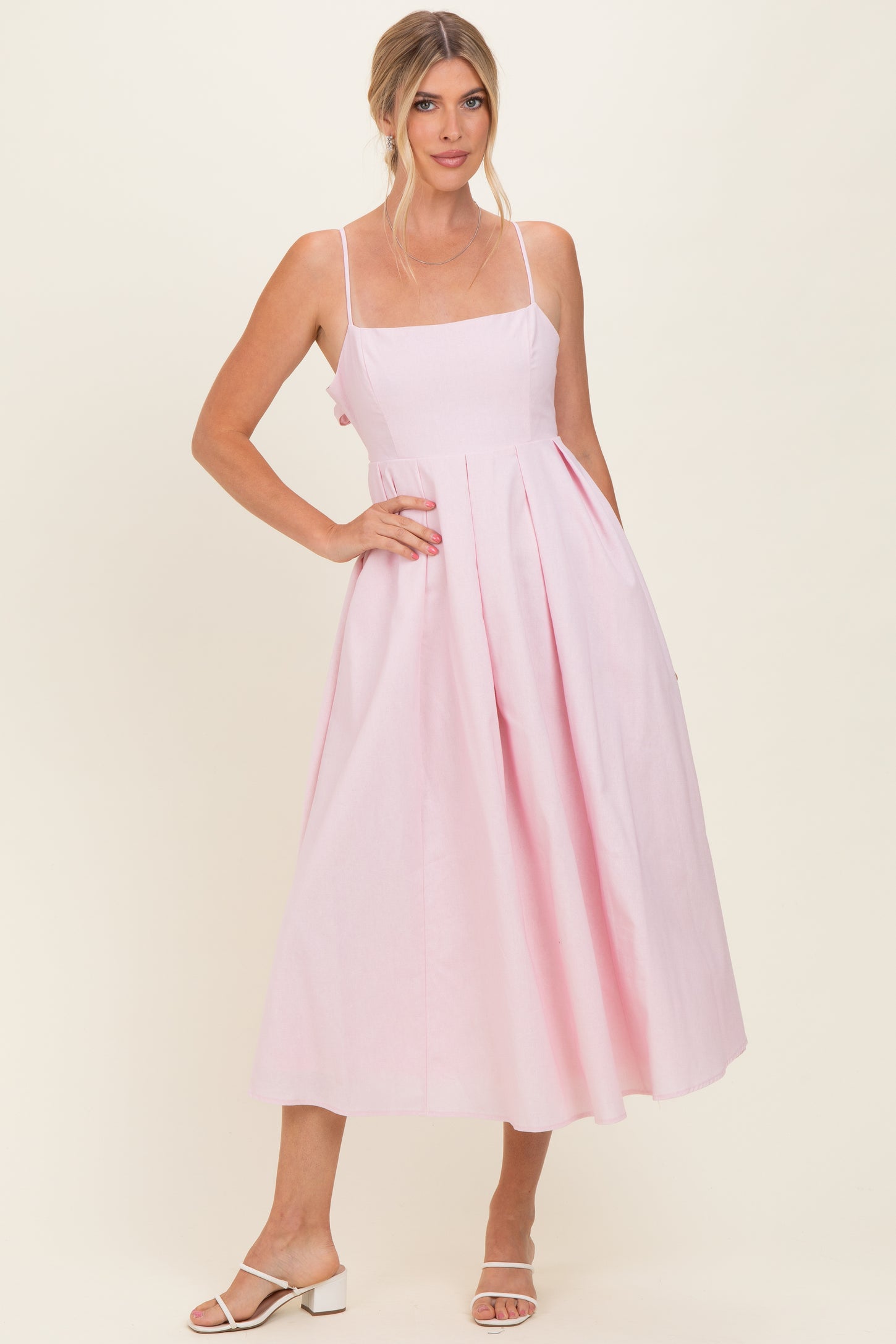 Light Pink Linen Sleeveless Tie Back Flared Maternity Midi Dress