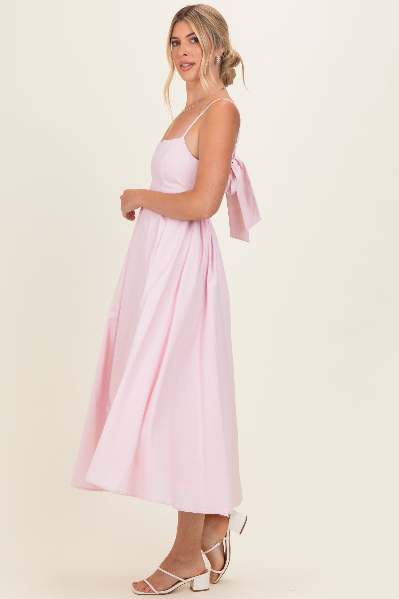 Light Pink Linen Sleeveless Tie Back Flared Midi Dress