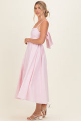 Light Pink Linen Sleeveless Tie Back Flared Midi Dress