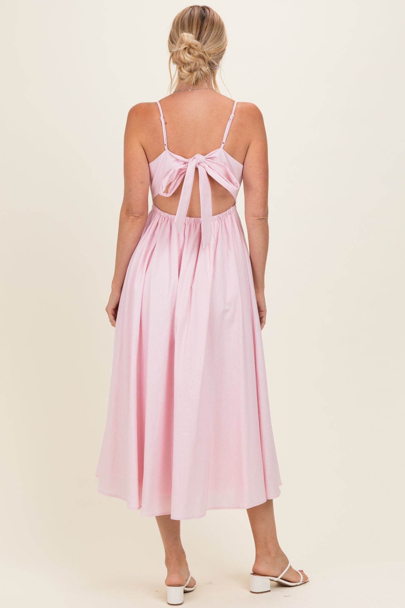 Light Pink Linen Sleeveless Tie Back Flared Midi Dress