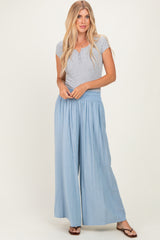 Light Blue Linen-Blend Wide Leg Pants