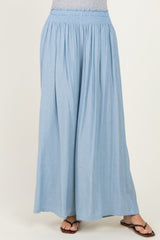 Light Blue Linen-Blend Wide Leg Pants