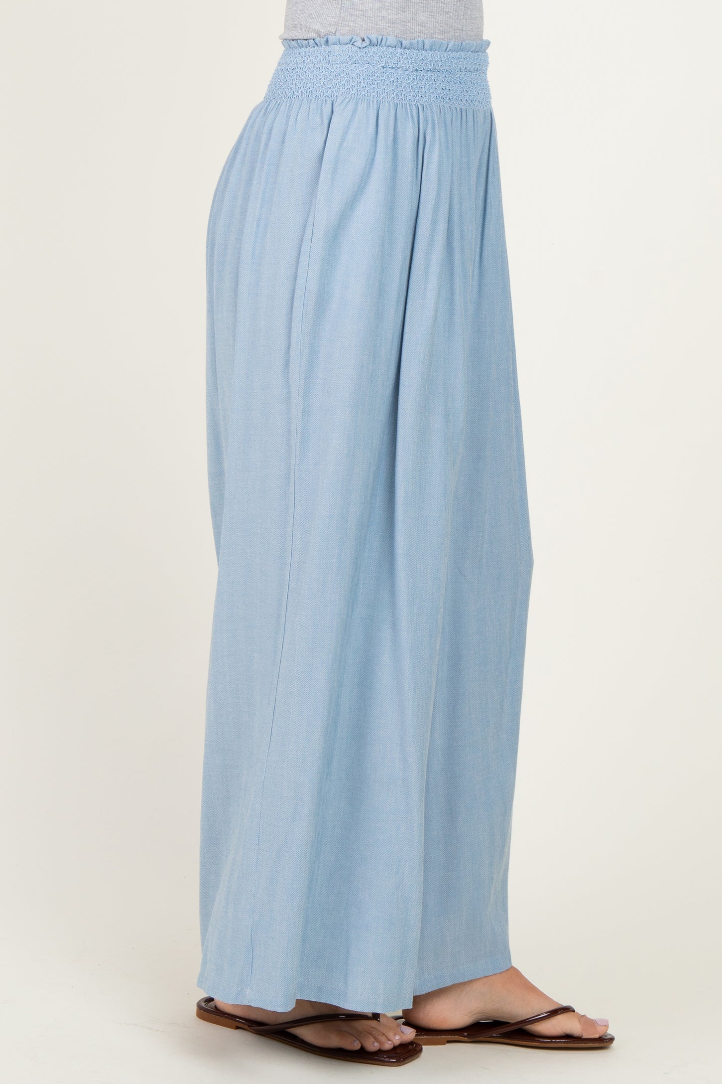 Light Blue Linen-Blend Wide Leg Pants