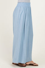 Light Blue Linen-Blend Wide Leg Pants