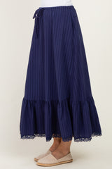 Navy Striped Lace Trim Midi Skirt