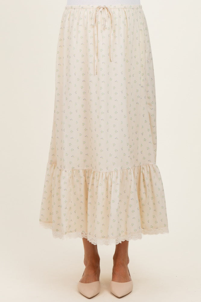 Light Yellow Print Lace Trim Maternity Midi Skirt
