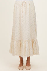 Light Yellow Print Lace Trim Maternity Midi Skirt