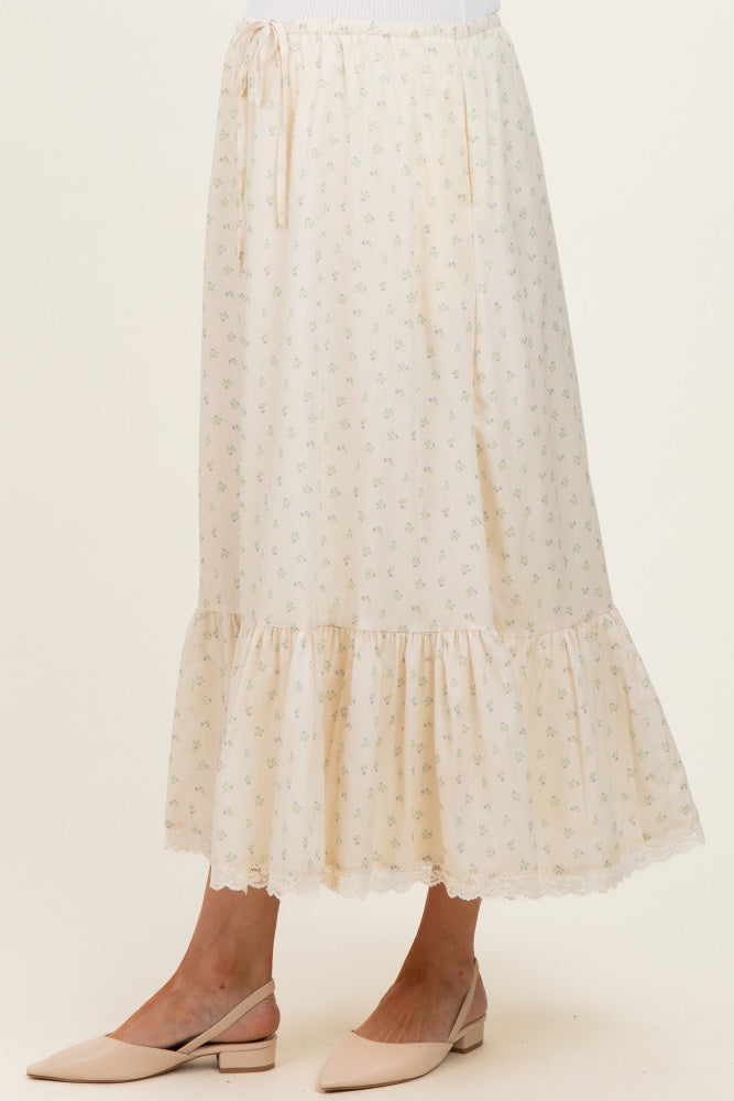 Light Yellow Print Lace Trim Maternity Midi Skirt