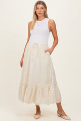 Light Yellow Print Lace Trim Maternity Midi Skirt