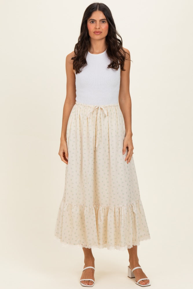 Light Yellow Print Lace Trim Maternity Midi Skirt