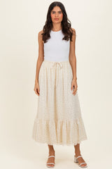 Light Yellow Print Lace Trim Maternity Midi Skirt