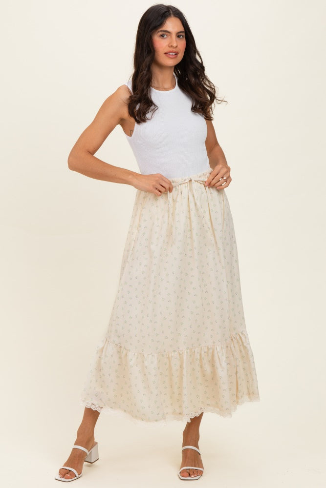Light Yellow Print Lace Trim Midi Skirt
